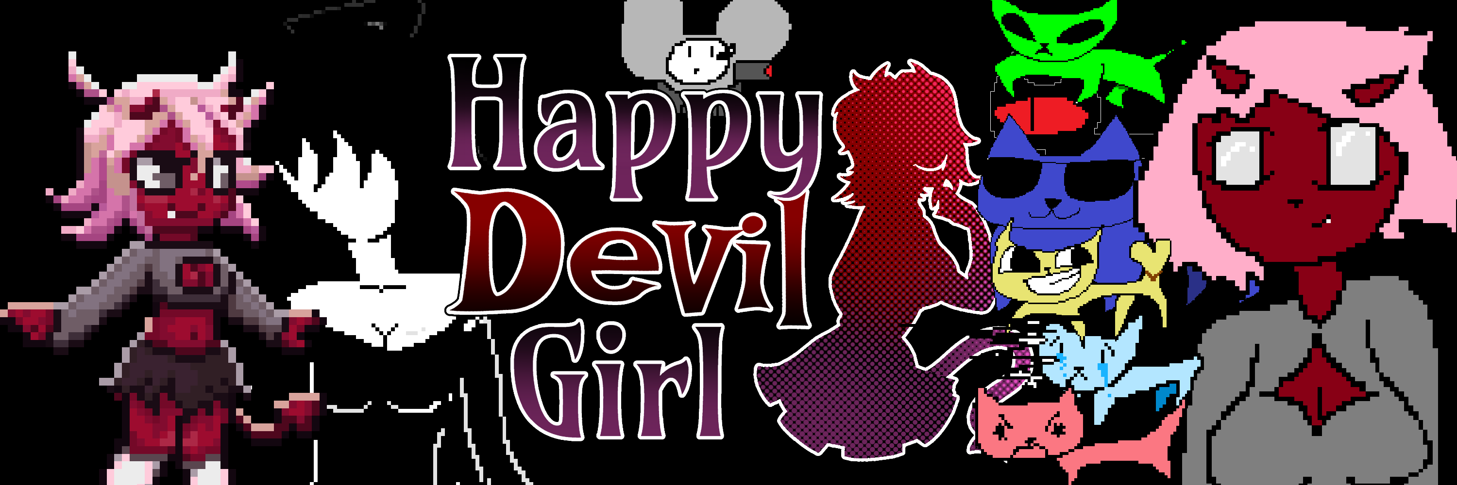 a banner with all of Ani's original characters surrounding the logo for Happy Devil Girl